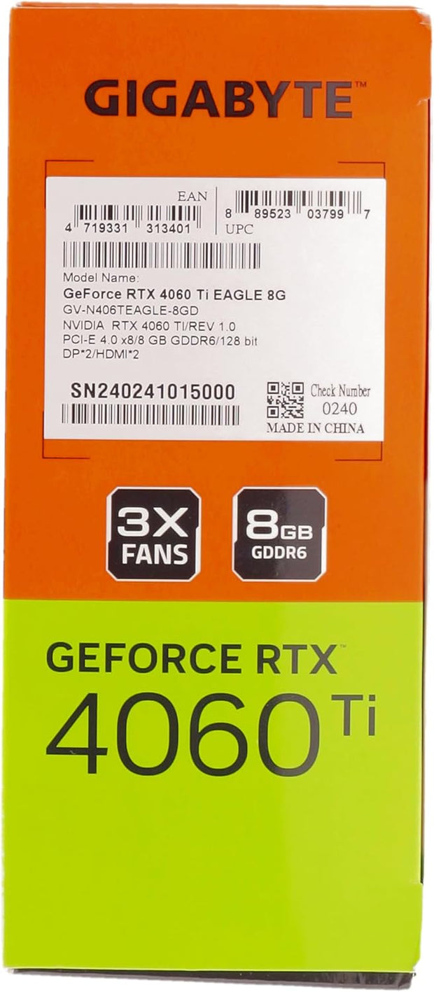 Gigabyte GeForce RTX 4060 Ti EAGLE – 8GB GDDR6 18Gbps, 128-bit, PCIe 4.0, 2x DP 1.4, 2x HDMI 2.1a, DLSS 3, Ada Lovelace – GV-N406TEAGLE-8GD