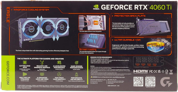 Gigabyte GeForce RTX 4060 Ti EAGLE – 8GB GDDR6 18Gbps, 128-bit, PCIe 4.0, 2x DP 1.4, 2x HDMI 2.1a, DLSS 3, Ada Lovelace – GV-N406TEAGLE-8GD