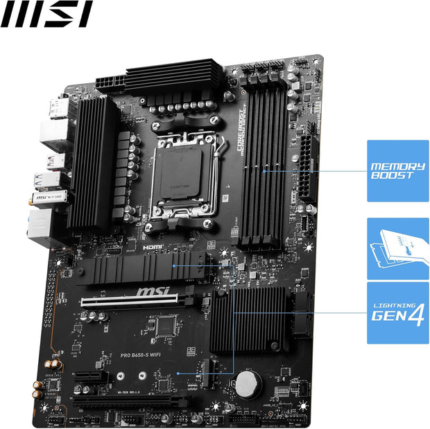 MSI PRO B650-S WIFI Motherboard, ATX - Supports AMD Ryzen 9000/8000/7000 Series, AM5, DDR5, PCIe 4.0 x16, M.2 Gen4, Wi-Fi 6E