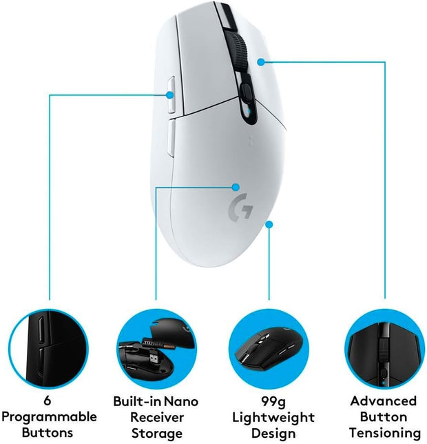 Logitech G305 Lightspeed Wireless Gaming Mouse – HERO Sensor, 12,000 DPI, 6 Buttons, 250h Battery, White- 910-005292 Logitech