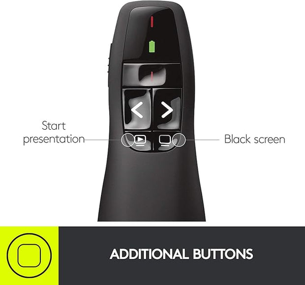 Logitech R400 Wireless Presenter – Red Laser, USB Receiver, 15m Range, 6 Buttons, Slide Control, Black- 910-001356 Logitech