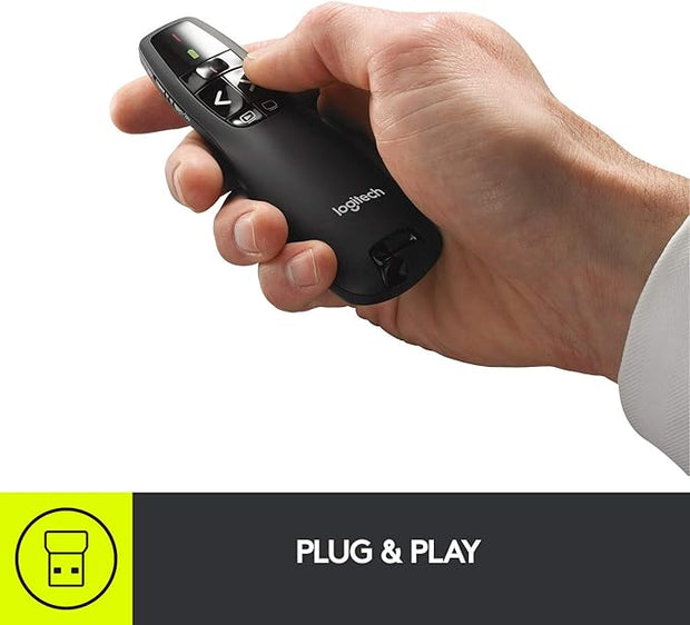 Logitech R400 Wireless Presenter – Red Laser, USB Receiver, 15m Range, 6 Buttons, Slide Control, Black- 910-001356 Logitech