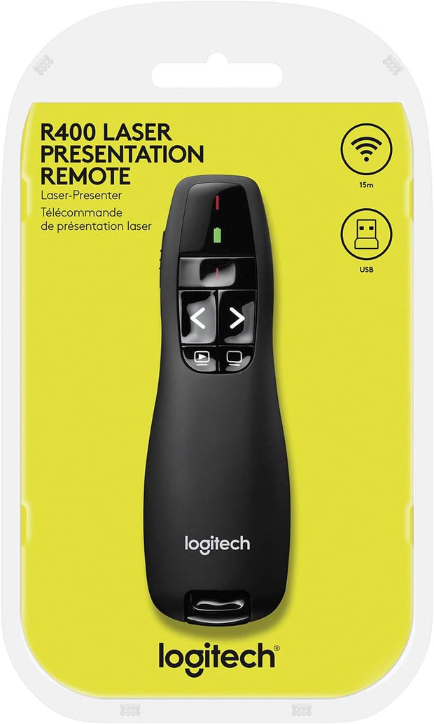 Logitech R400 Wireless Presenter – Red Laser, USB Receiver, 15m Range, 6 Buttons, Slide Control, Black- 910-001356 Logitech
