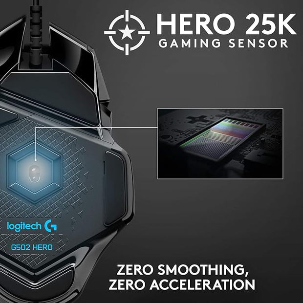 Logitech G502 HERO Wired Gaming Mouse – HERO 25K Sensor, 25,600 DPI, RGB, Adjustable Weights, 11 Programmable Buttons, On-Board Memory – Black - 910-005471