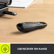 Logitech R400 Wireless Presenter – Red Laser, USB Receiver, 15m Range, 6 Buttons, Slide Control, Black- 910-001356 Logitech