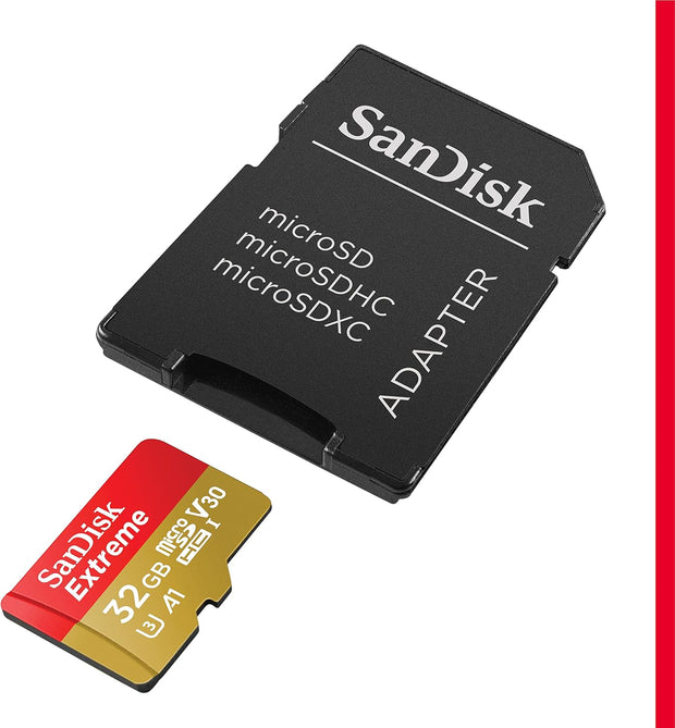 SanDisk Extreme 32GB microSDHC + SD Adapter – Up to 100MB/s, A1, U3, V30, Rescue Pro, Red/Gold- SDSQXAF-032G-GN6MA SanDisk