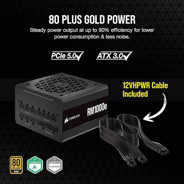 Corsair RM1000e (2023) 1000W Fully Modular ATX Power Supply – ATX 3.0, PCIe 5.0, 80 PLUS Gold – Black (CP-9020264-UK)