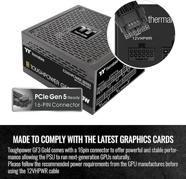 Thermaltake Toughpower GF3 1000W PSU, ATX 3.0, PCIe 5.0, 80+ Gold, 12VHPWR Connectors for RTX 40 Series - PS-TPD-1000FNFAGU-4